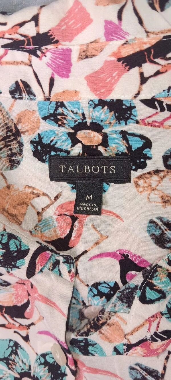 Talbots Long Roll Tab Sleeve Button Up M Floral Bird Print Artsy Career Casual - Picture 2 of 12